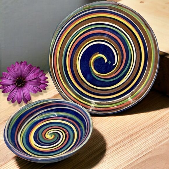 Earthworks Barbados WestIndies Red Clay Pottery Blue Multi Swirl Bowl & Plate - Picture 1 of 16